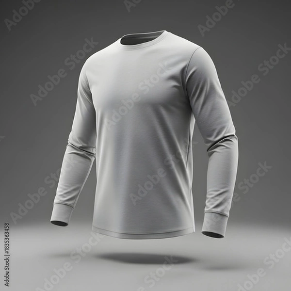 Fototapeta Realistic floating grey long-sleeved t-shirt on a studio background. Blank apparel template for clothing branding and design mock up