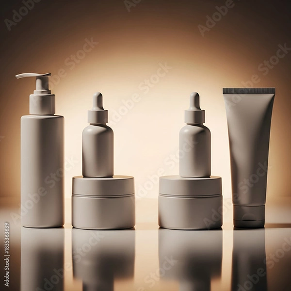Fototapeta Elegant mock up of a complete skincare collection featuring blank white bottles, jars, and a tube for cosmetic product branding and presentation