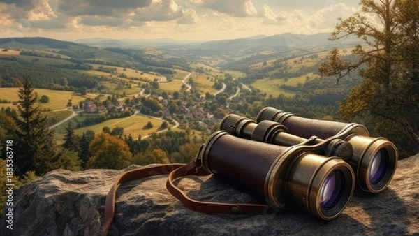 Obraz Vintage binoculars on a rocky outcrop overlooking a valley at sunset