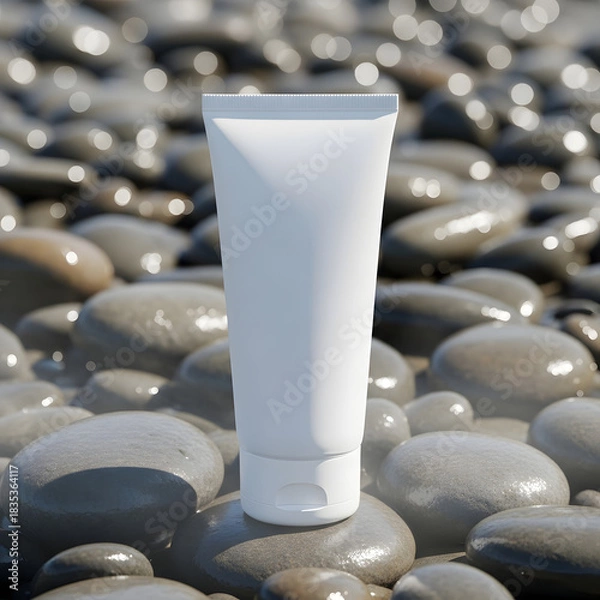 Fototapeta Photorealistic 3D render of a blank white cosmetic cream tube mockup resting on a bed of smooth wet sea pebbles for product presentation