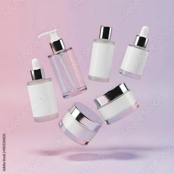 Fototapeta Collection of empty cosmetic bottles and jars with blank labels, floating in a soft gradient light