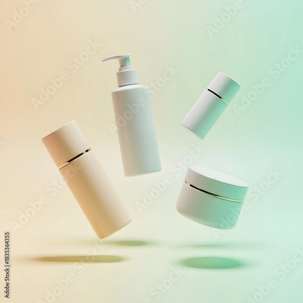 Fototapeta Floating Cosmetic Containers Clean Mockup of Cream, Lotion, and Sprays