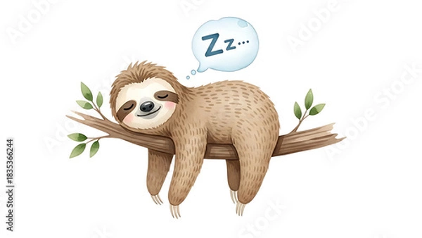 Fototapeta A cute watercolor illustration of a happy sloth sleeping peacefully on a tree branch with a Zzz thought bubble.