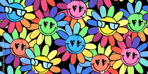 Fototapeta Colorful Simple Funny Abstract Graffiti Style Happy Smiling Flowers Seamless Background