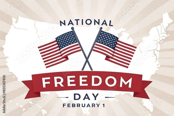 Fototapeta National Freedom Day Celebration With Crossed American Flags and Red Ribbon Banner

