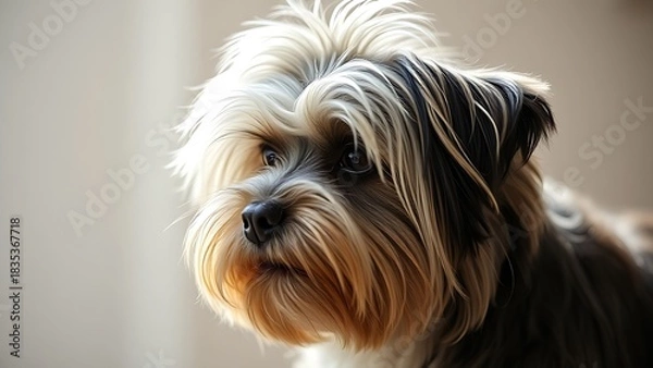 Obraz Tibetan terrier with fluffy coat, portrait with natural side lighting.