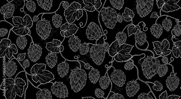 Fototapeta Seamless pattern with white outline hand-drawn hop cones and leaves on a black background, perfect for brewing and beverage design.