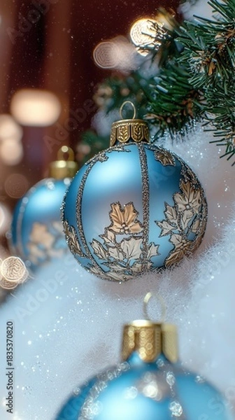 Obraz 8K Ultra-HD Blue and Gold Leaf Pattern Christmas Ornament,Festive Promotion Design Material,Immersive Cool Tone Holiday Atmosphere,Suitable for Luxury Ecommerce Festive Atmosphere Page