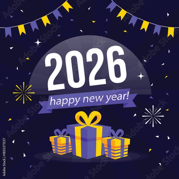 Fototapeta Happy New Year 2026 and Merry Christmas corporate blue social media backgrounds with fireworks - Templates for company marketing stories, square, portrait posts