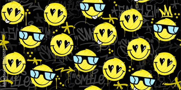 Fototapeta Funny Trendy Abstract Street Art Graffiti Style Happy Smiling Face Seamless Background Template