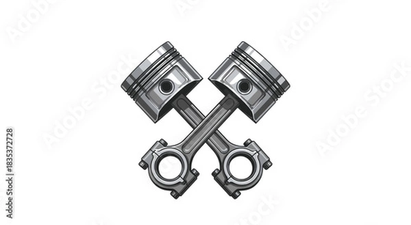 Fototapeta Two shiny, silver engine pistons and connecting rods crossed in an 'X' shape, representing automotive mechanics and power.