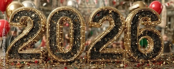 Fototapeta Golden 2026 celebration with black and gold balloons, confetti, and festive decor for New Year