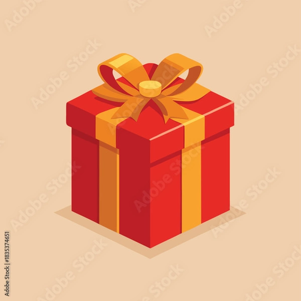 Fototapeta A vibrant red gift box adorned with a luxurious golden ribbon and elegant bow presented on a soft peach background perfect for symbolizing celebration surprise and festive occasions