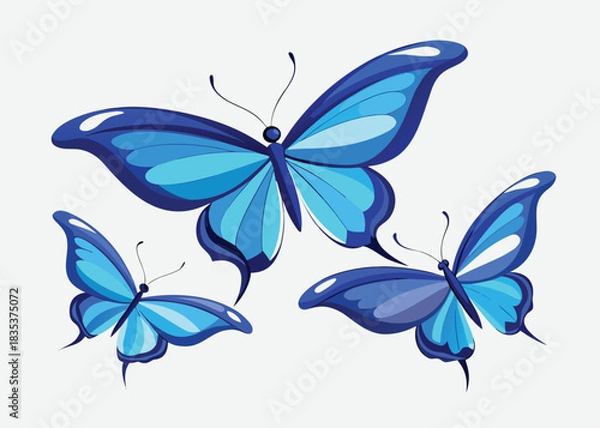 Fototapeta Elegant vibrant blue butterflies with intricate delicate wings in various sizes gracefully fluttering against a clean white background for design projects