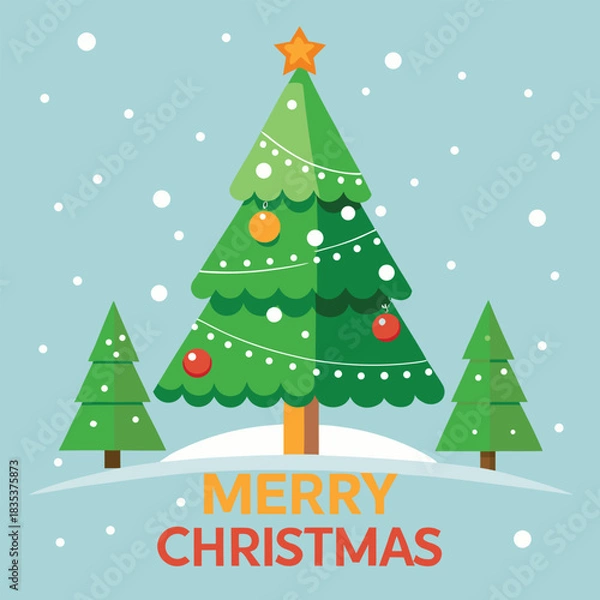 Fototapeta Festive christmas trees decorated with twinkling lights and ornaments under a gentle snowfall perfect for holiday banners and advertisements