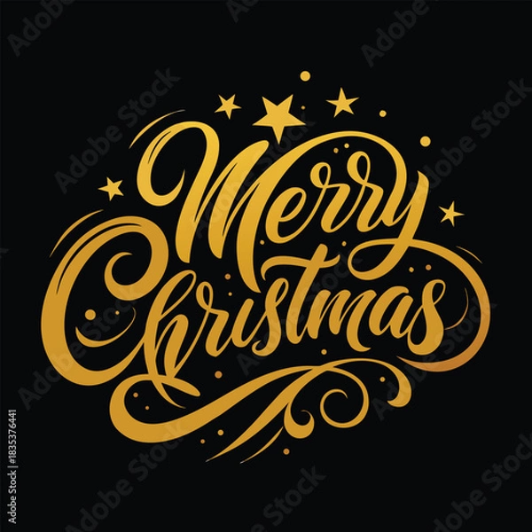 Fototapeta Elegant golden merry christmas calligraphy with sparkling stars and festive flourishes on a dark background for holiday greetings and designs