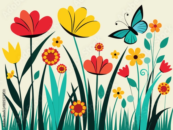 Fototapeta Lush spring meadow bursting with vibrant blooming flowers and a graceful butterfly in flight for banner and advertisement use