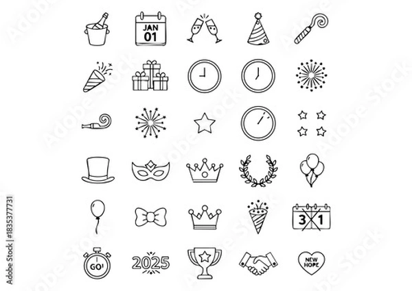 Fototapeta New Year's Celebration Vector Icon Collection, Holiday Countdown Line Art Icons, Party & Resolution Outline Icon Set