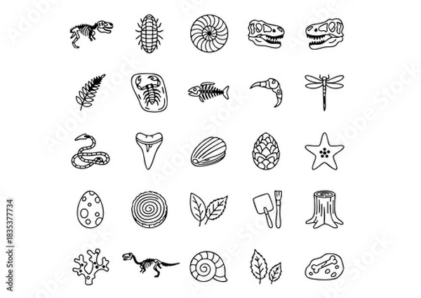 Fototapeta Paleontology & Ancient Life Vector Icons, Dinosaur Fossils Outline Icon Collection, Archaeology and Prehistoric Discoveries Line Art Set