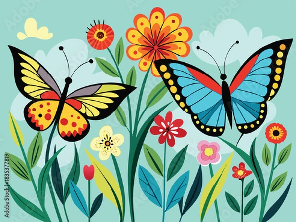 Fototapeta Vibrant butterflies gracefully flutter among a profusion of colorful blooming flowers and lush green foliage on a bright cheerful spring day illustration