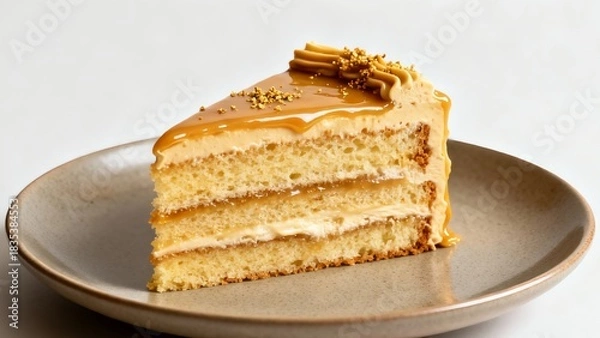 Fototapeta Slice of Layered Caramel Cake with Drizzled Topping and Gold Sprinkles