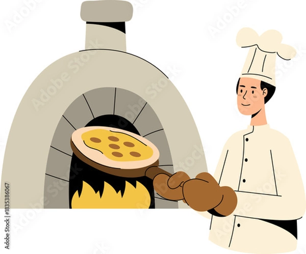 Obraz Chef Baking Pizza with Pizza Oven Vector Illustration
