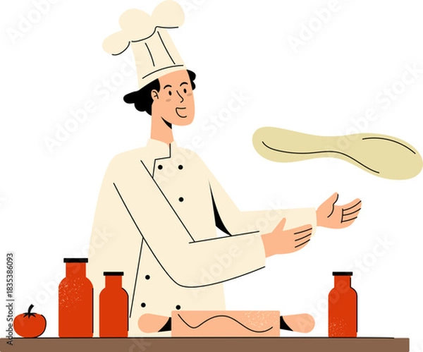 Obraz Chef Preparing Pizza Dough Vector Illustration