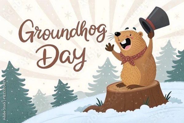 Fototapeta Groundhog Day Celebration Cartoon: Happy Groundhog Emerging From Tree Stump With Top Hat In Snowy Forest

