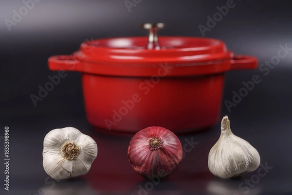 Obraz ail et oignon rouge devant marmite