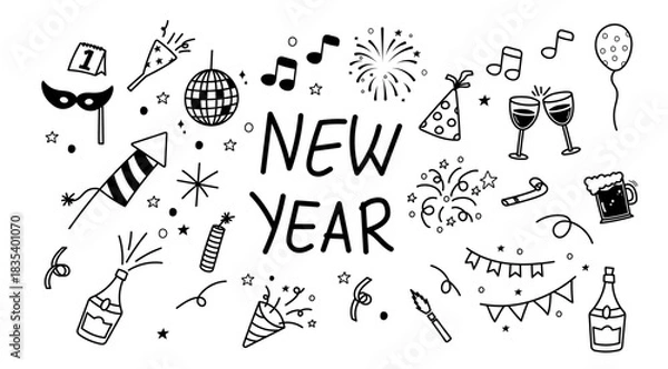 Obraz new year doodle element icon cute party confetti firework