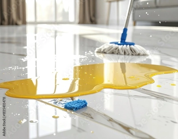 Fototapeta Yellow spill being cleaned with a mop on shiny flooring