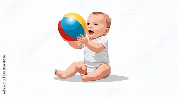 Obraz Adorable baby in white onesie sitting and joyfully playing with a colorful beach ball, bright studio lighting, pure white background.