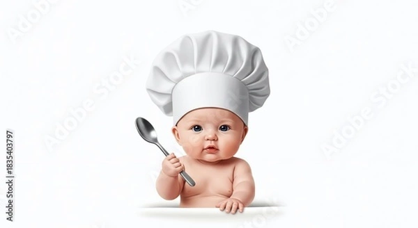Obraz Adorable baby wearing a chef hat and holding a spoon ready to eat, isolated on a white background, studio shot, high angle view
