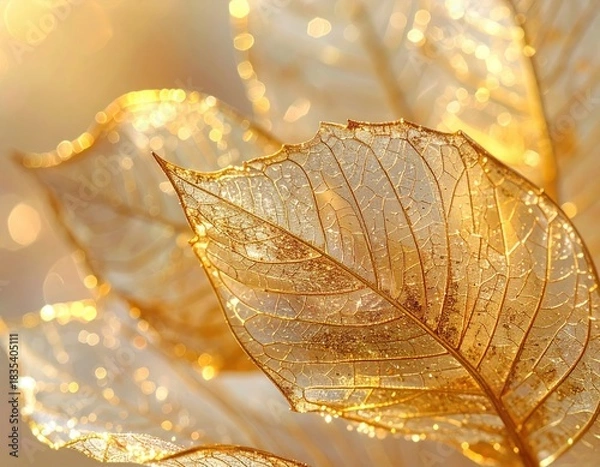 Fototapeta Golden, skeletal leaves glow with intricate venation