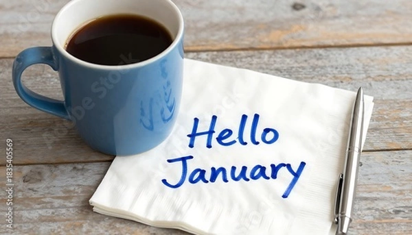 Fototapeta A cup of coffee and a napkin with the words hello january on a table