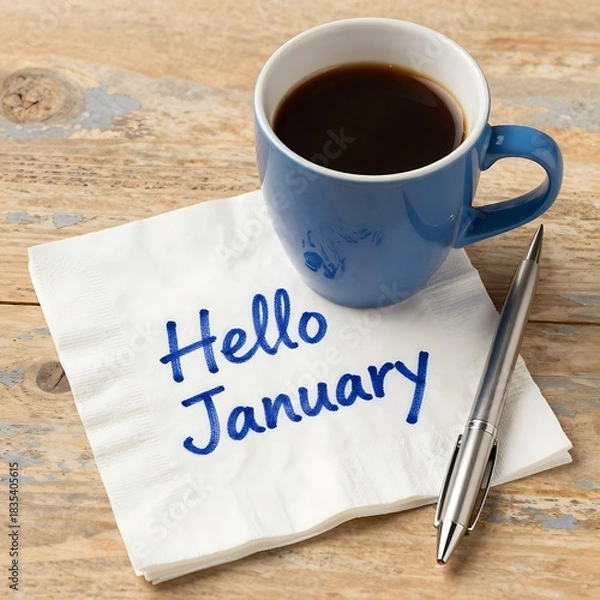 Fototapeta A cup of coffee and a napkin with the words hello january on a table