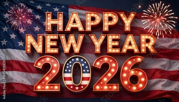 Fototapeta A festive happy new year 2026 celebration with fireworks in the background