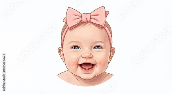 Obraz Adorable baby girl with big blue eyes and a pink bow headband, laughing heartily with a playful expression, studio portrait