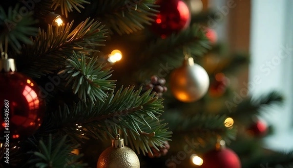 Fototapeta Closeup of a christmas tree with ornaments and lights creating a festive mood