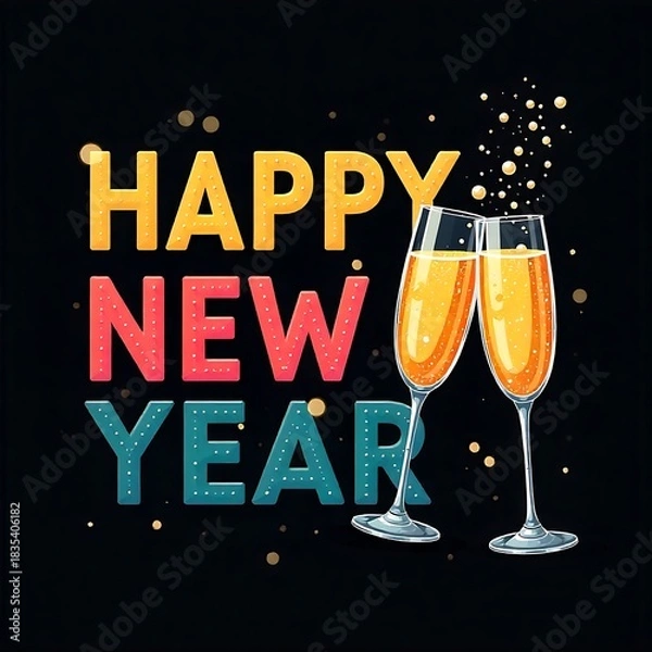 Fototapeta Festive happy new year wishes with champagne glasses on a black background