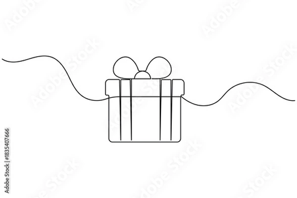 Fototapeta Continuous line drawing of a gift box with a ribbon bow on white