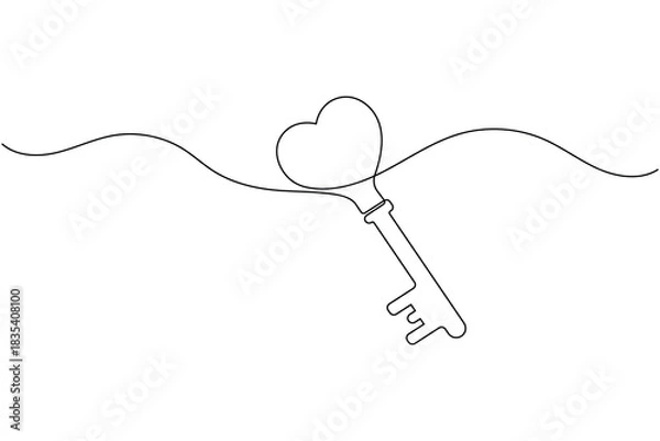 Obraz Key with heart, continuous line vector art. love, unlock, solution.