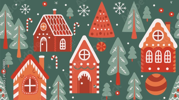 Obraz Charming Christmas gingerbread house village seamless pattern for festive holiday designs and cheerful seasonal celebrations