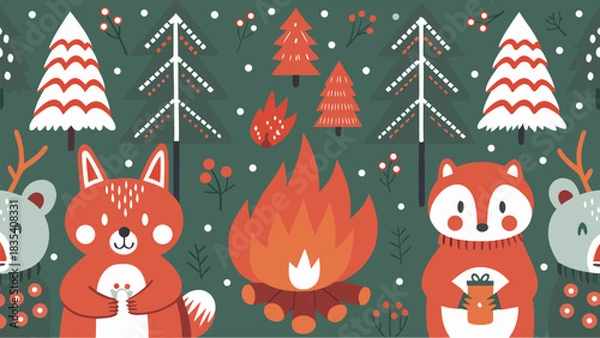 Obraz Charming winter woodland scene with cute animals gathering around a warm glowing campfire