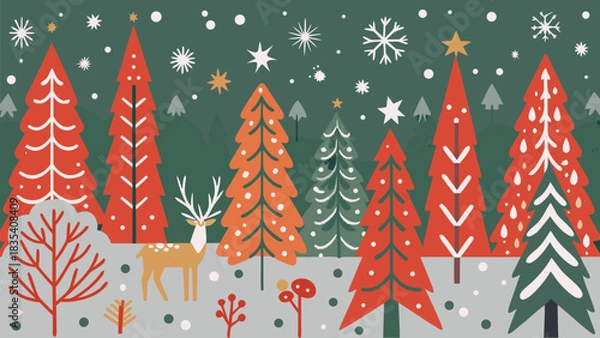 Obraz Vibrant modern forest scene with stylized deer and festive Christmas trees under falling snow