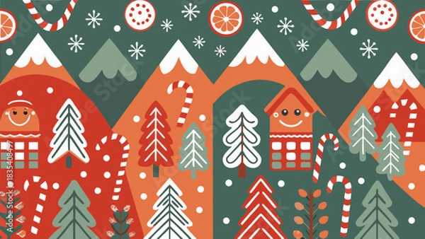 Obraz Charming winter scene featuring smiling gingerbread houses, snowy mountains, and festive candy canes