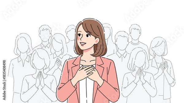 Fototapeta Confident businesswoman receives applause and gratitude from diverse team members in a supportive work environment