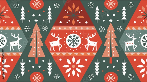Obraz Vibrant Nordic holiday pattern featuring reindeer trees and snowflakes for festive design projects