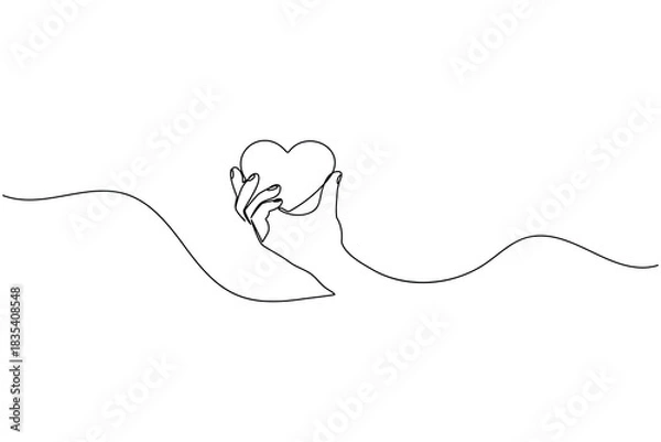 Obraz One line art drawing of a hand holding a heart, love and care