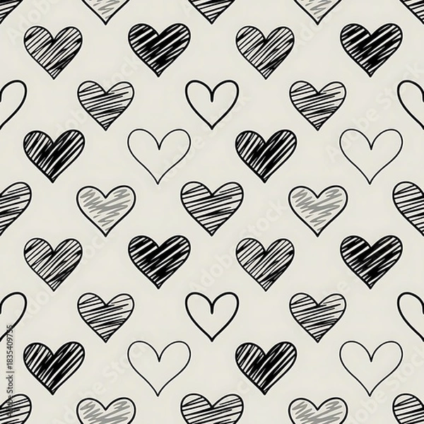 Fototapeta Seamless pattern of sketched hearts in various styles and fills on a light textured background for romantic designs